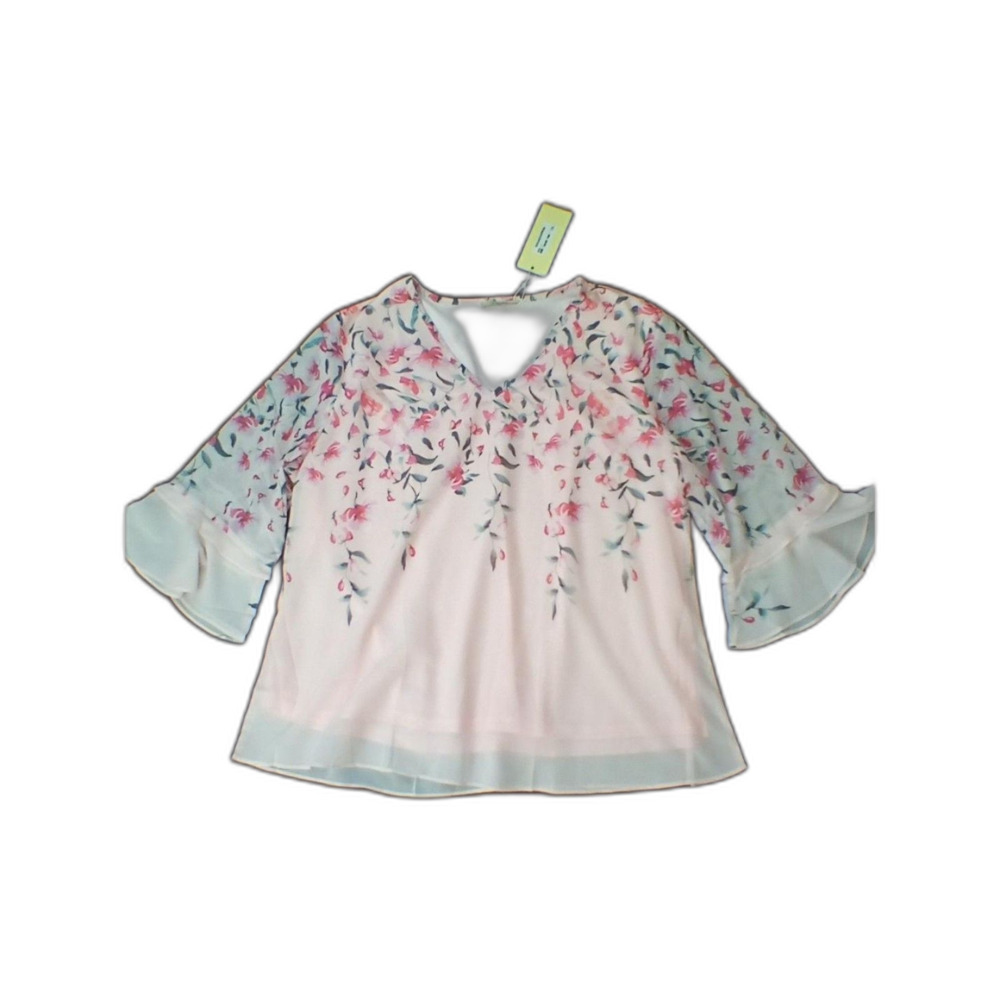 Bebonnie Pink Floral Blouse Womens  Size XXL V Neck 3/4 Bell Sleeve Top Tunic